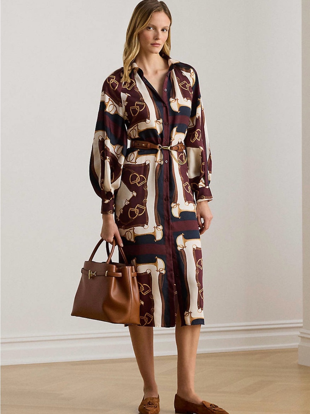 Polo by Ralph Lauren Burgundy, Cream & Navy Printed Shirt Midi Dress